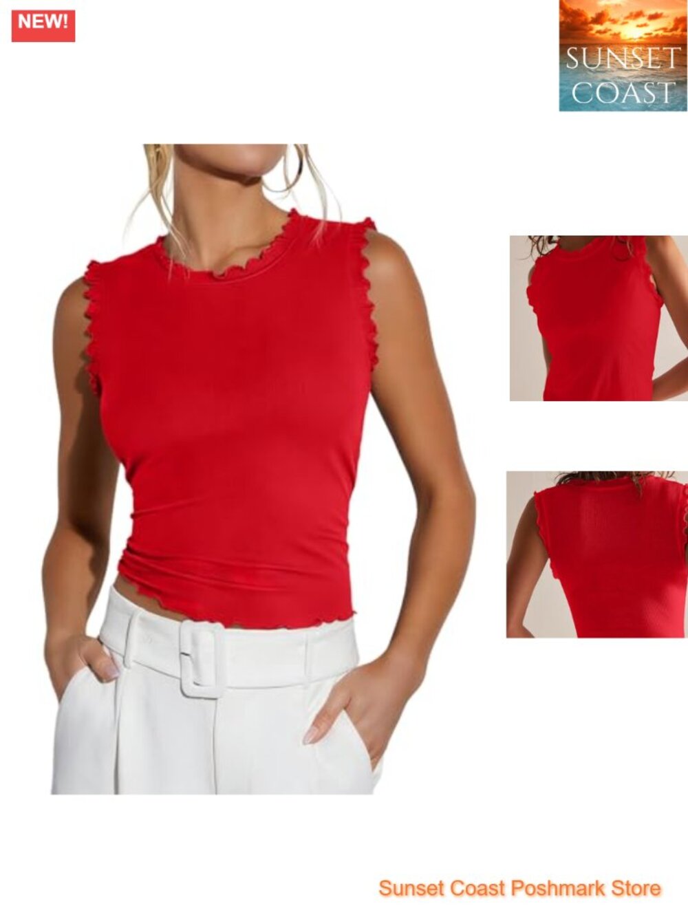 Rib Knit Ruffle Tank Top Sleeveless Summer Blouse for Women